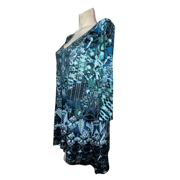 World Unity Top Blue Green Paisley Print Rhinestone V-Neck 3/4 Sleeve Tunic XXL - Picture 4 of 9
